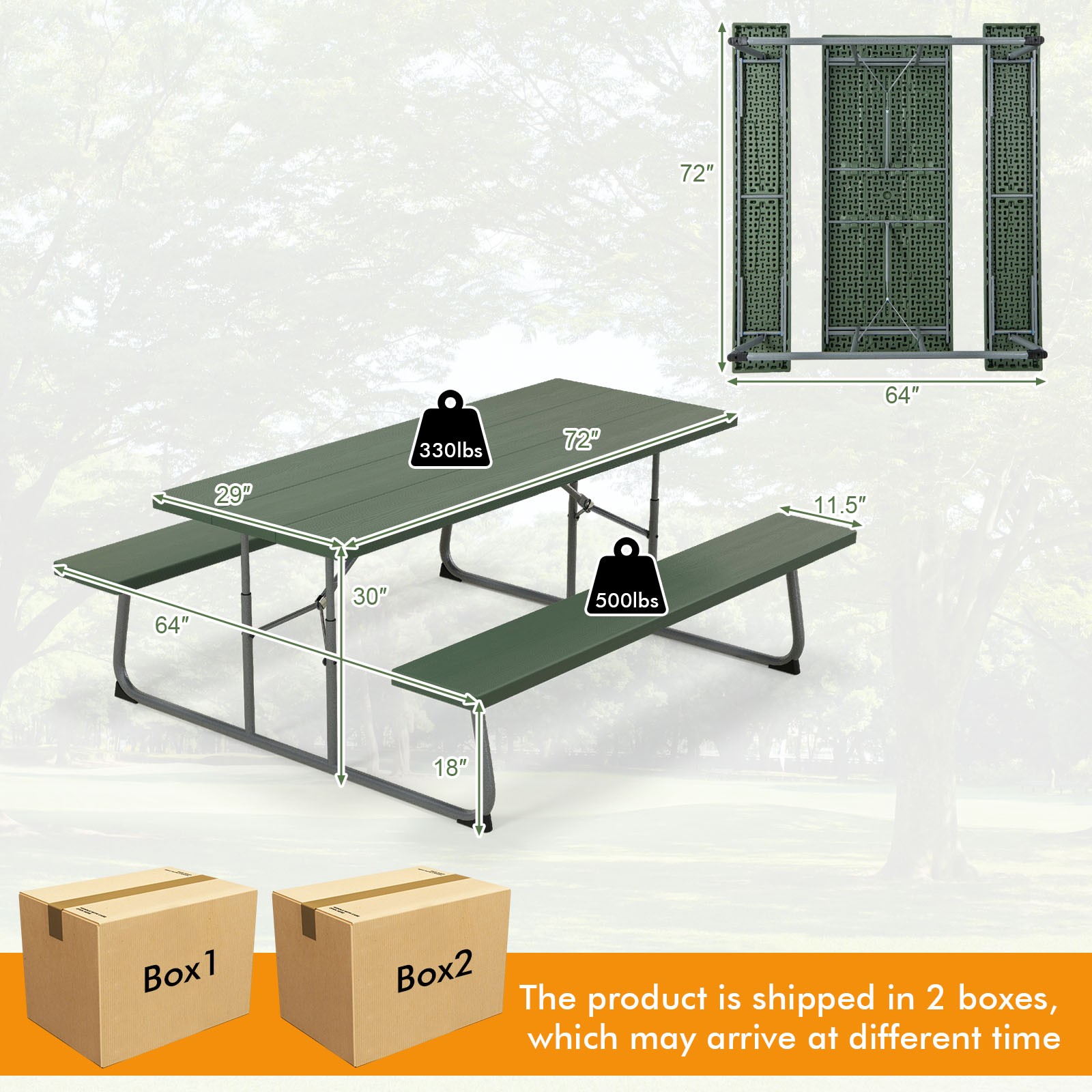 Folding Picnic Table w/ 2 Benches All Weather Wood-like Tabletop Umbrella Hole