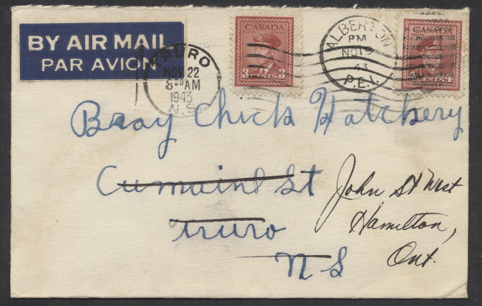 1943 Two Covers to Bray Chicks Truro NS Uprated 3c For Airmail to Hamilton ONT