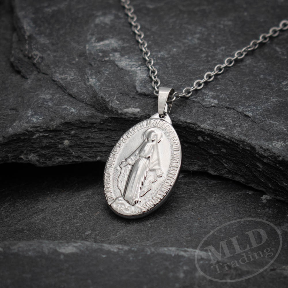 Miraculous Medal Necklace – Stainless Steel Virgin Mary Pendant – 18”+2” Chain