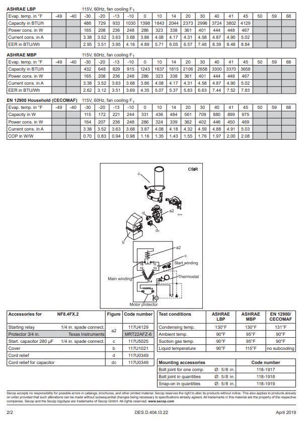 Secop NF8.4FX2 R134a Refrigeration Compressor 1032 LBP 3767 HBP BTU 115V 1/4HP