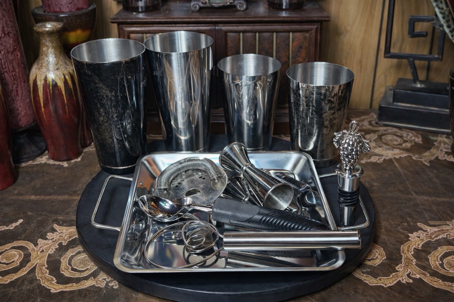 Stainless Steel Cocktail Shaker Set Bar Tools Lot Jigger Strainer Spoon