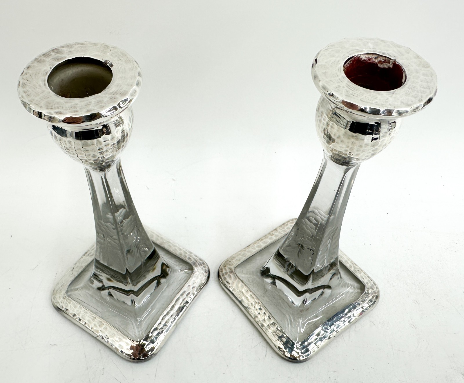 Vintage Pair Hand Hammered Sterling Silver and Cut Glass Candlestick Holders
