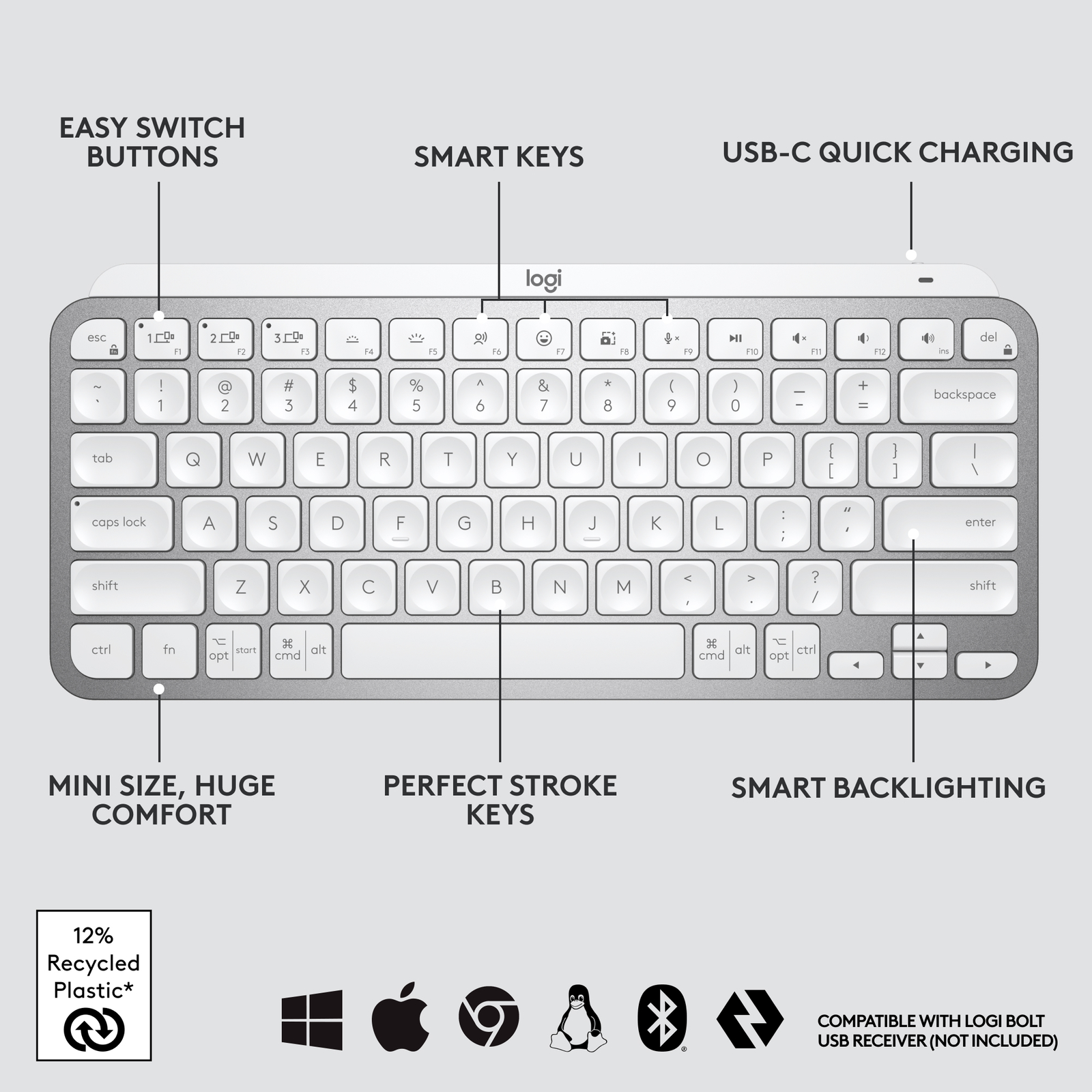 Logitech MX Keys Mini Wireless Keyboard (Pale Gray), English - US