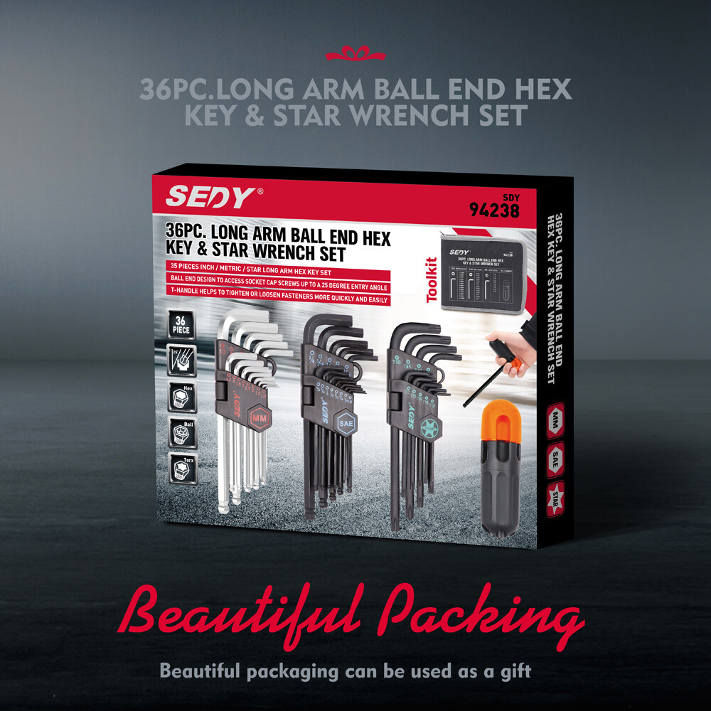 36 PC Long Arm Ball End Hex Key Allen Wrench Set Inch Metric Star With Bag Gift