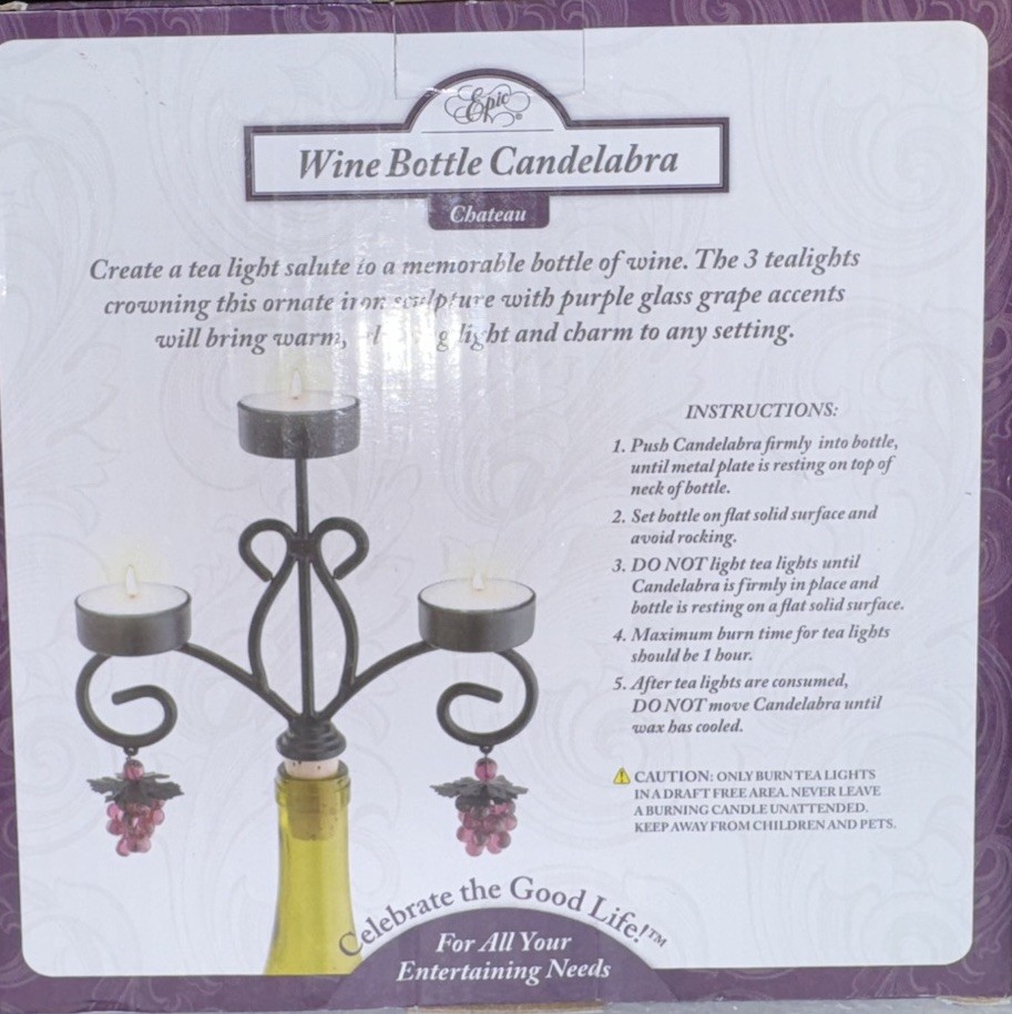 Epic Wine Bottle Candelabra Tea Lights Included Silver CHATEAU NEW Open Box