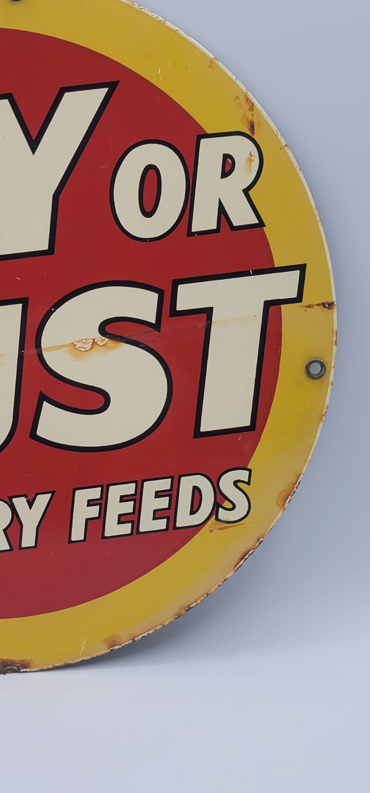 Vintage Lay Or Bust Poultry Feeds Rustic Chicken Porcelain Enameled Metal Sign