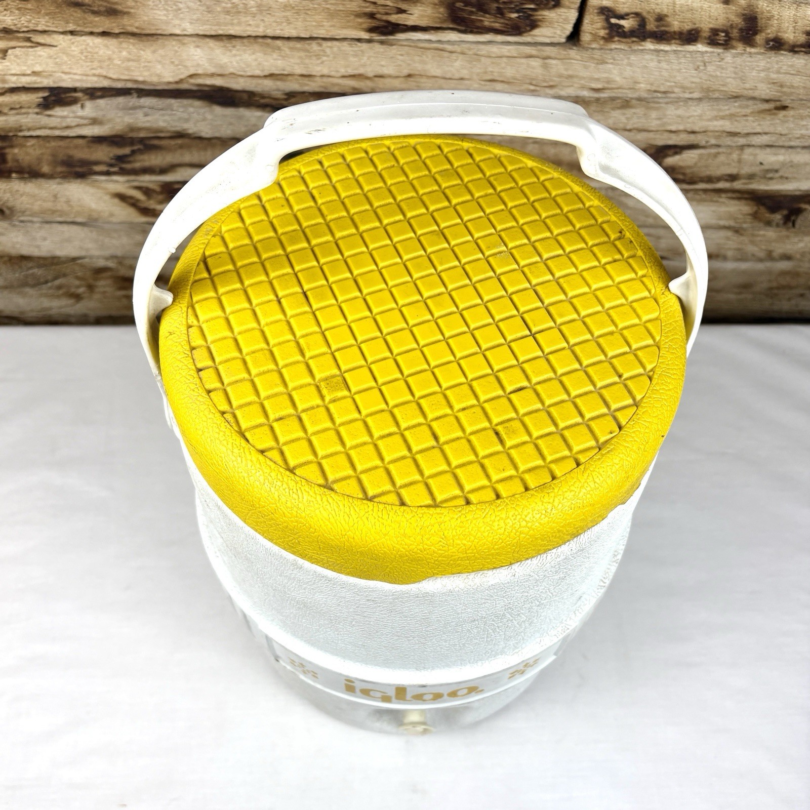 Vintage Igloo 2 Gallon Water Cooler Dispenser Houston TX Yellow White Handle Jug