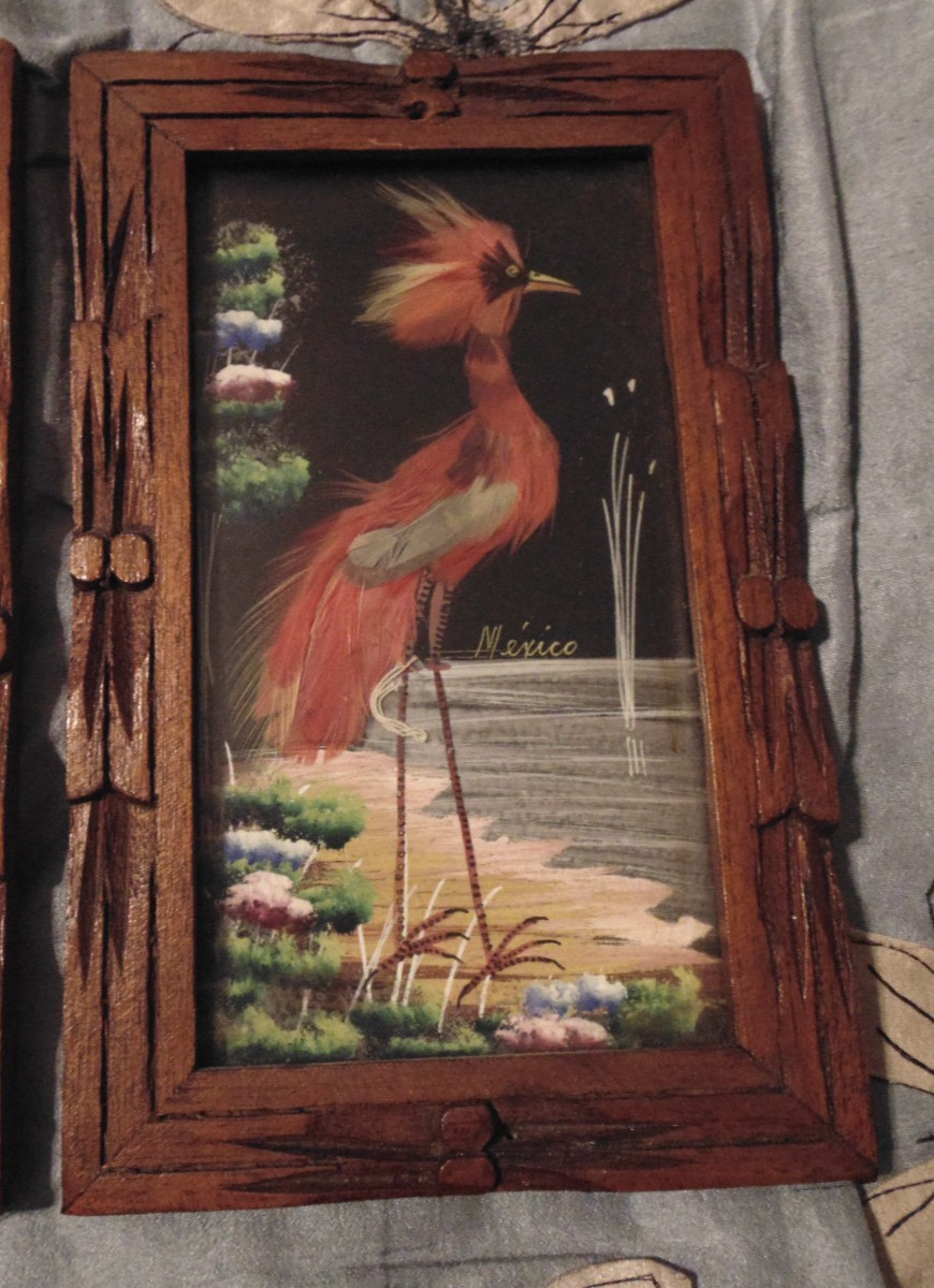 2 Vintage Mexican Feathercraft Bird Pictures Cedar Frames Real Feathers