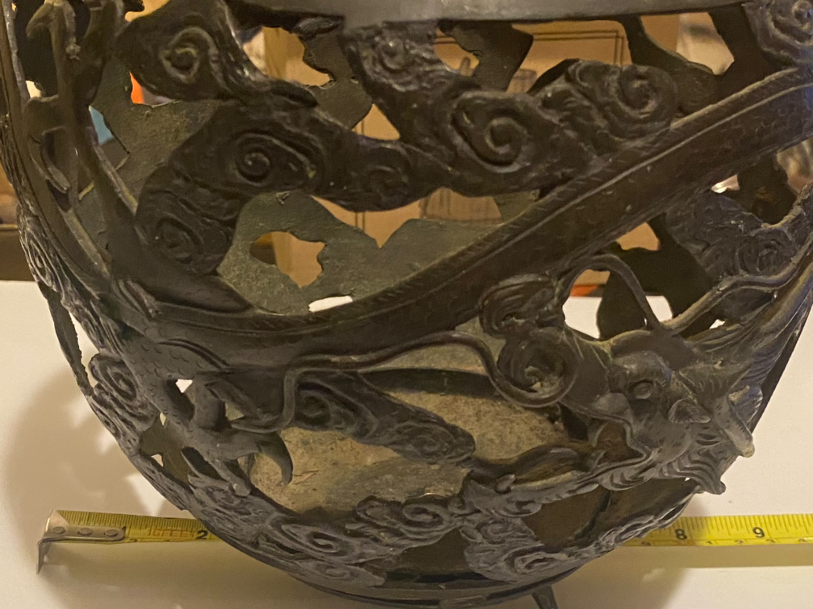 Antique Chinese Qing Dynasty Openwork Bronze with Dragon & Clouds 9” 4lbs c.1900