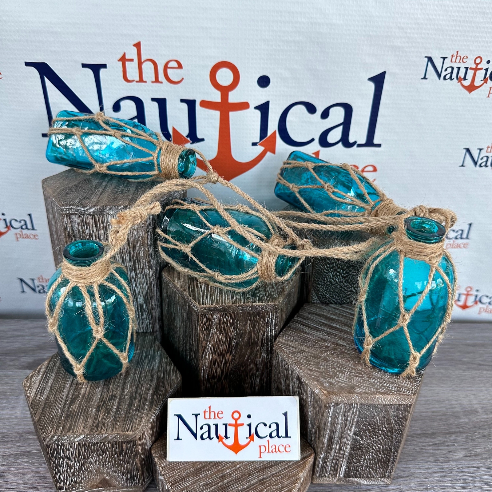 5 - Aqua Glass Bottles On Rope - Nautical Fish Net Buoy Ball Floats, Beach Decor