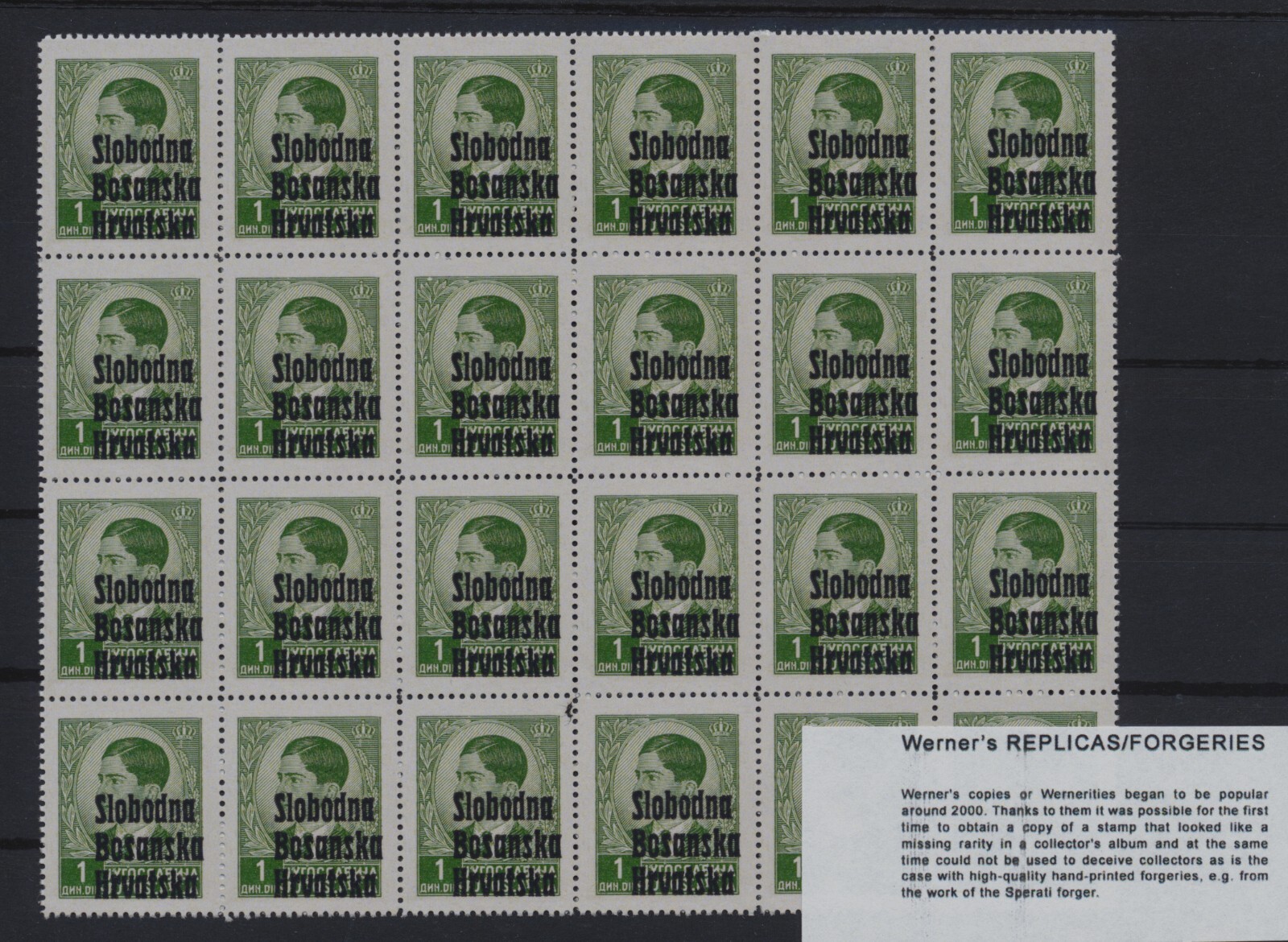 FORGERY - Sheets of Werner's FORGERY/REPLICA of Croatia 1941 Banja Luka - both