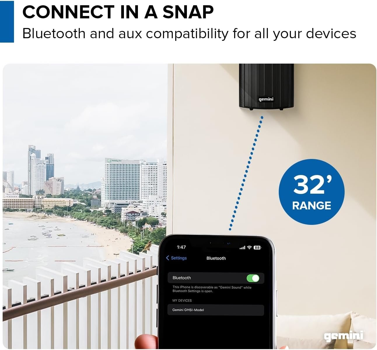 Gemini Outdoor Bluetooth Speakers Pair Waterproof Mountable IP44 Black...