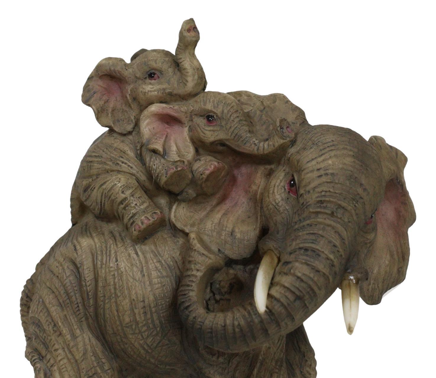Small Wildlife Elephant Father And 2 Calves On Piggyback Playing Statue 5.25"H