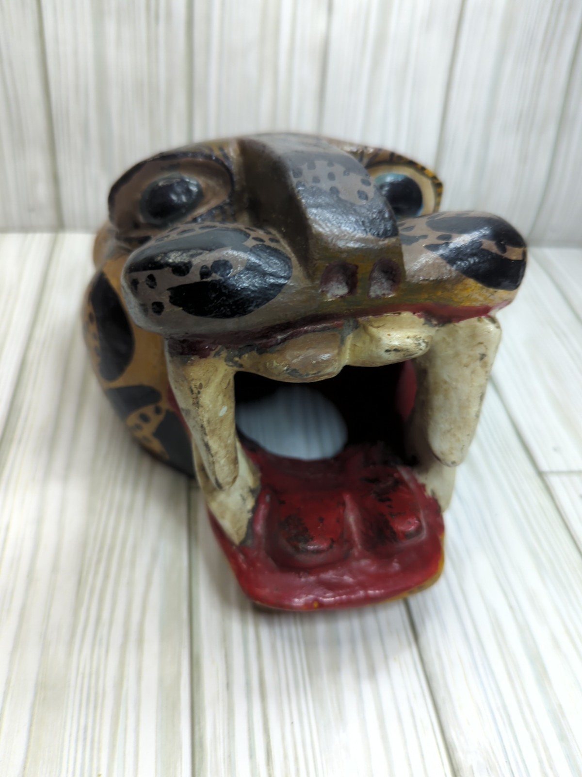 Mexican Nahua Folk Art Guerrero Carved Wood Cat Jaguar Animal Head