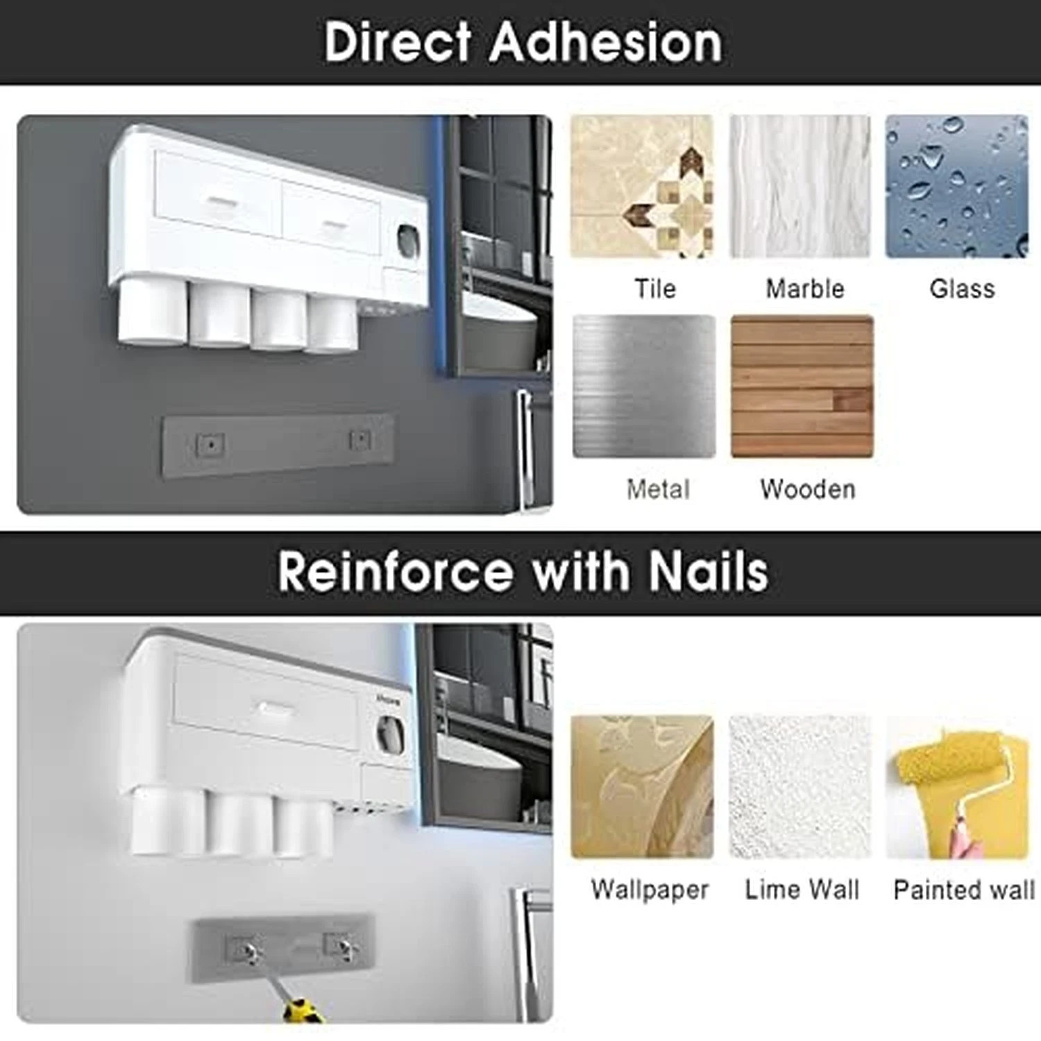 iHave Toothbrush Holders for Bathrooms, 4 Cups Toothbrush Holder Wall Mounted