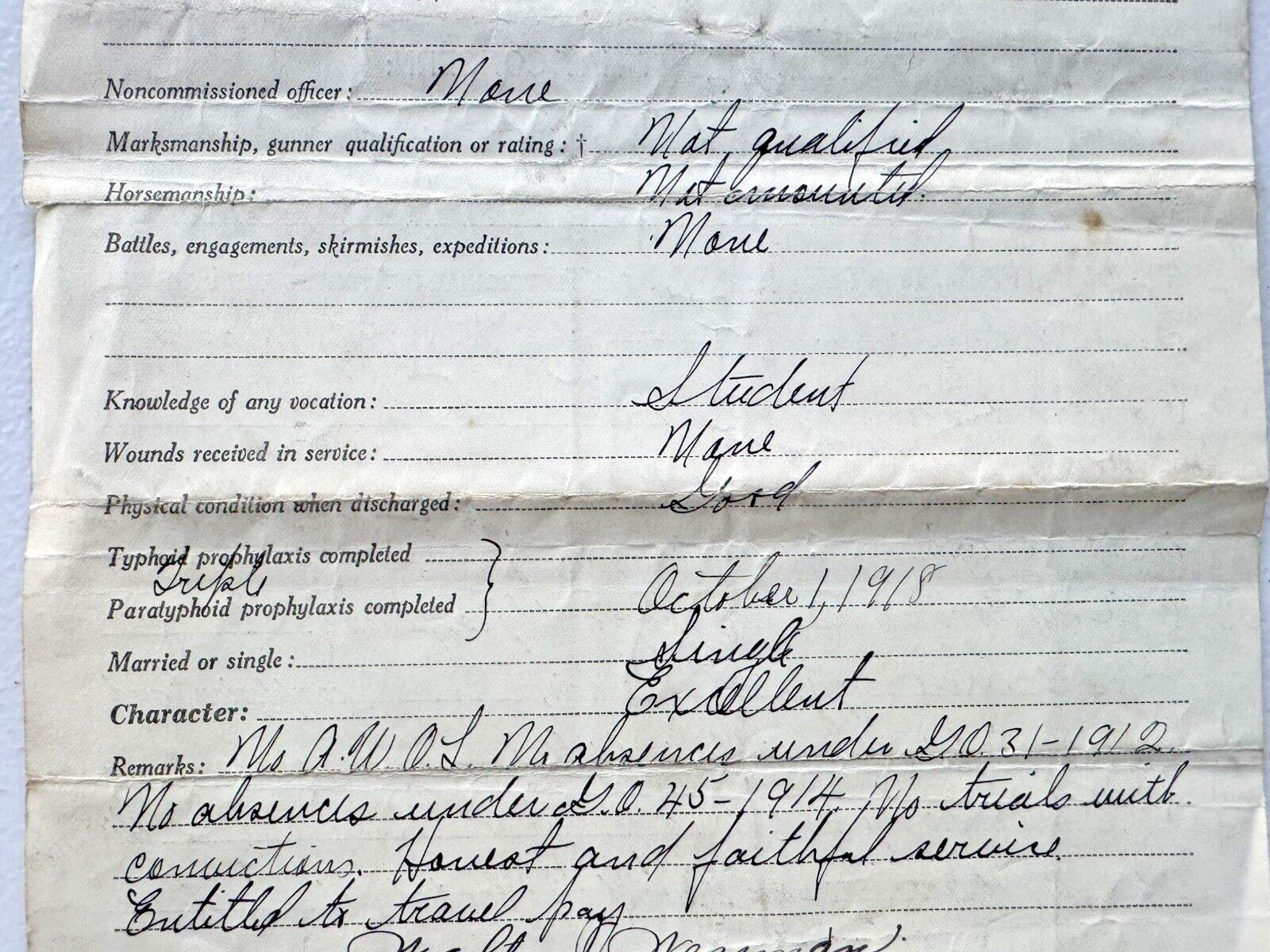 1918 WWI HONORBLE DISCHARGE PAPERS FROM THE UNITED STATES ARMY PRIVATE WESSMAN