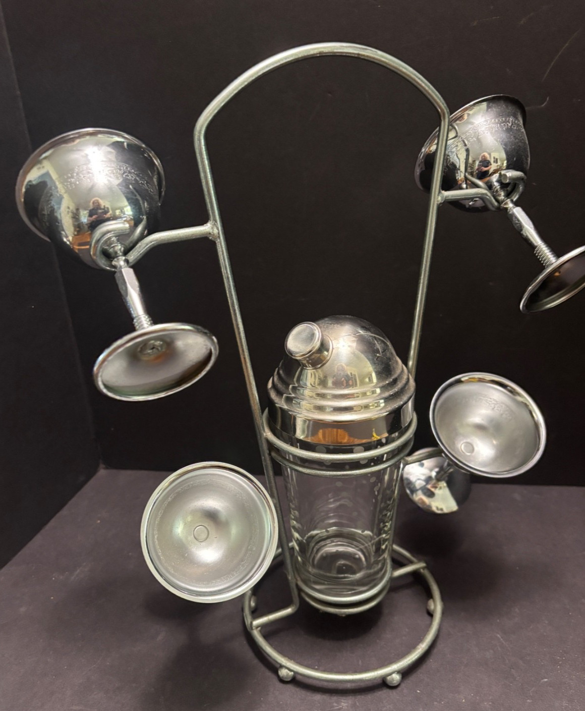 Retro CHROME MARTINI Set 4 Glasses Libbey COCKTAIL Shaker Stand/Carrier MCM Vint