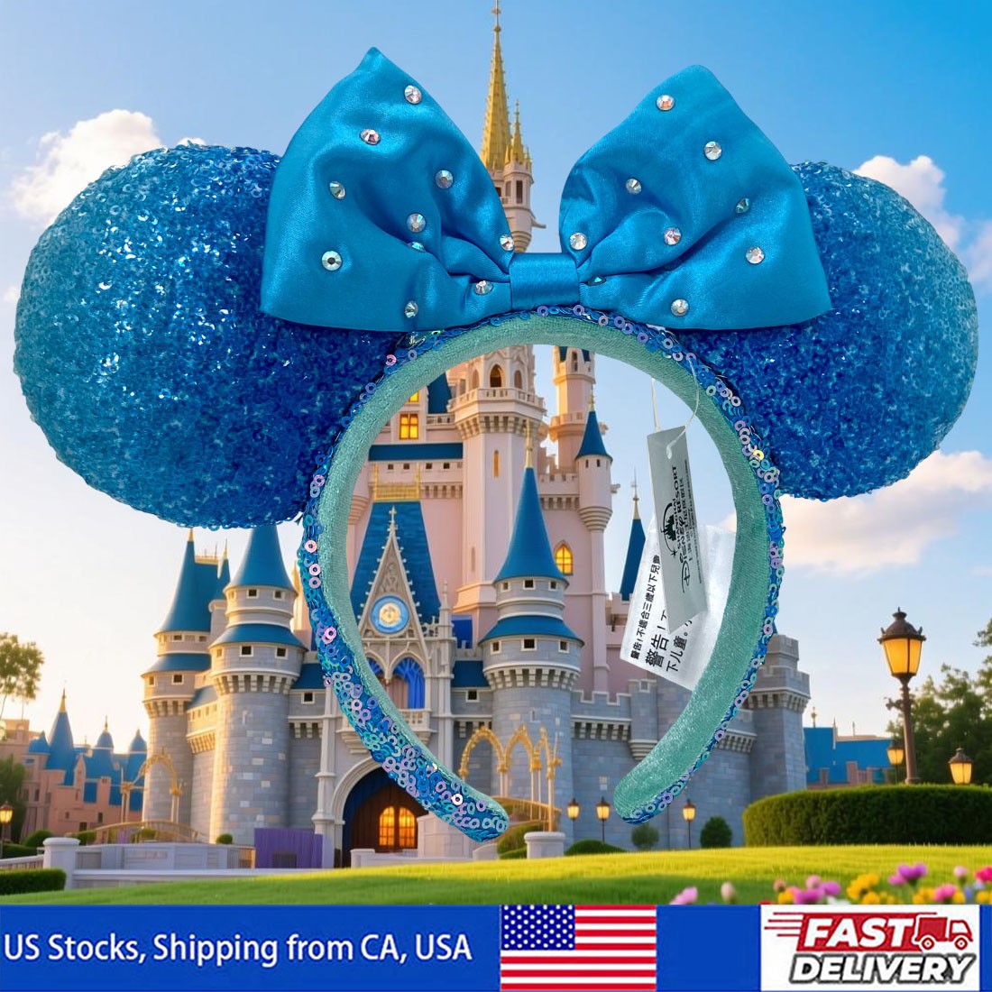 Disney-Parks Blue Aqua Sequin Diamond Minnie Mouse Mickey Ears Headband 2023
