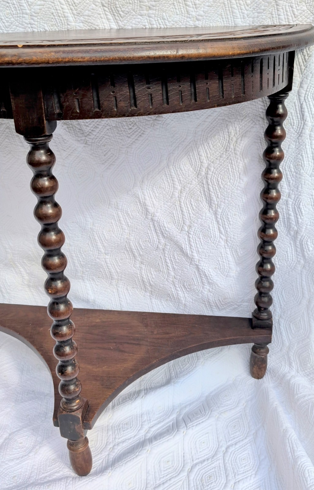 Ornate Demilune Table Half Moon Solid Dark Wood Unique Entry/Hall 25"T