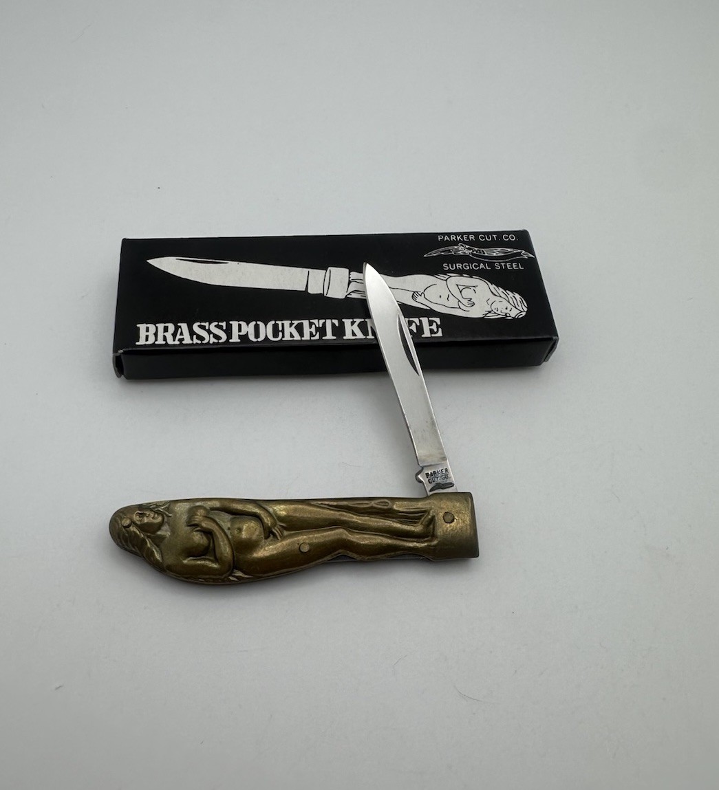 SMALL Vintage Parker Cut Co Pocket Knife Brass Nude Lady Figure  JAPAN NOVELTY