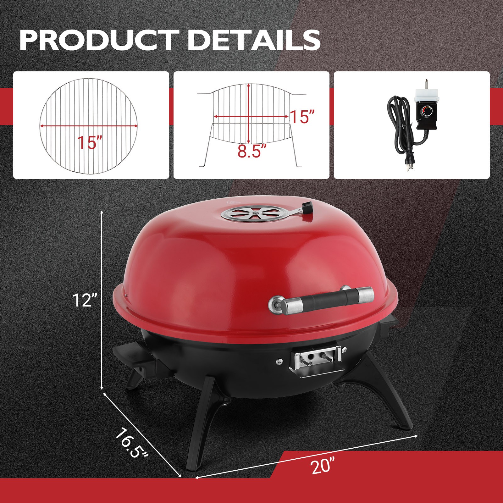 Electric BBQ Grill Red 1600W In/Outdoor Garden Party with Double Layer Design