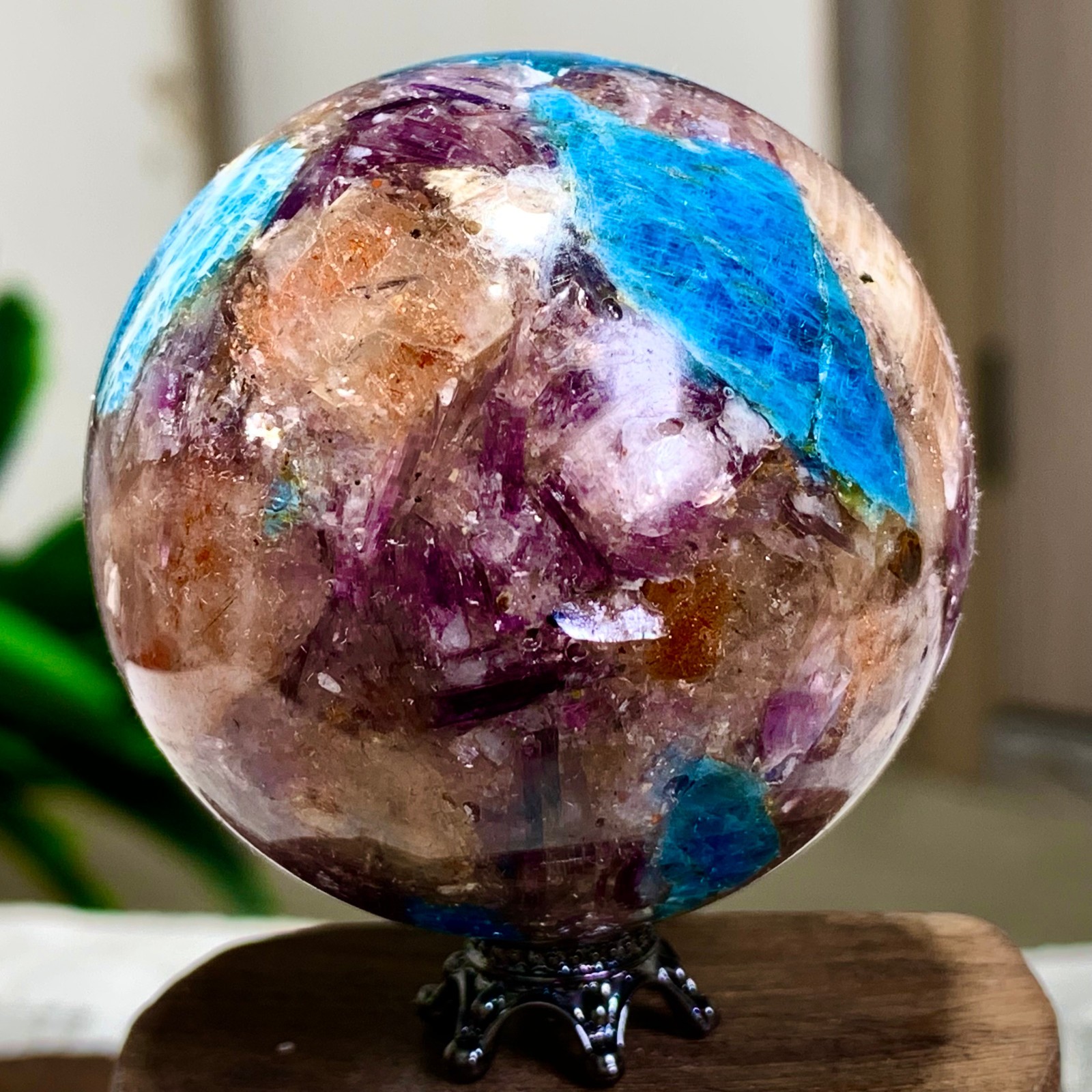 177G Natural Blue Aptite +Sun Stone purple lepidolite Sphere mineral sample