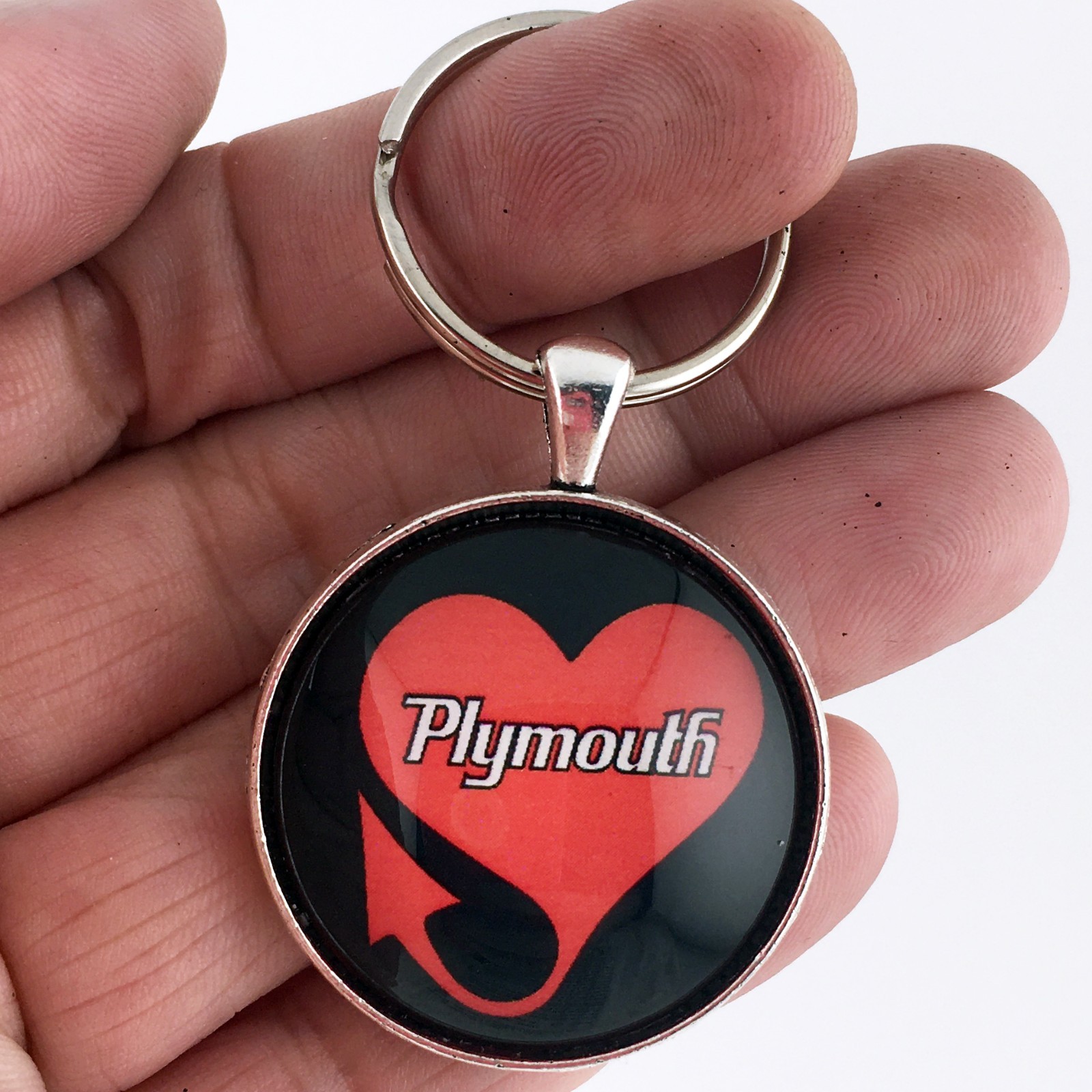 Vintage 1960's Plymouth Heart with Arrowhead Devil Tail 1.2" Diameter Keychain