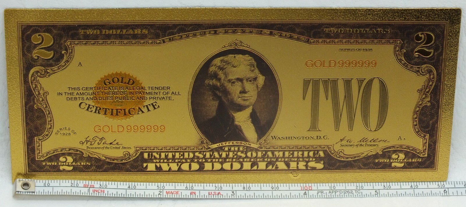 1928 $2 Red Seal Novelty 24K Gold-Plated Foil Note Bill 6" US Legal Tender GFN10