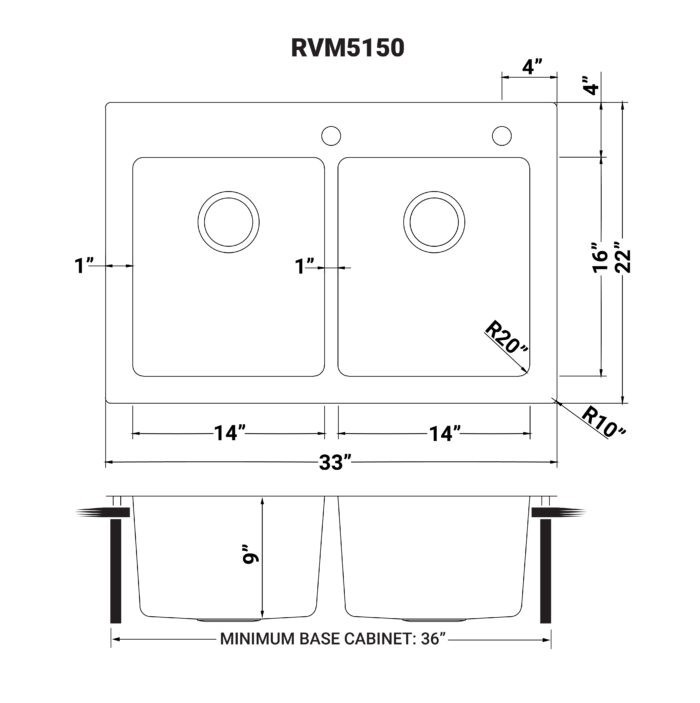 Ruvati 33 x 22 inch Topmount 16 G Double Bowl Kitchen Sink - RVM5150