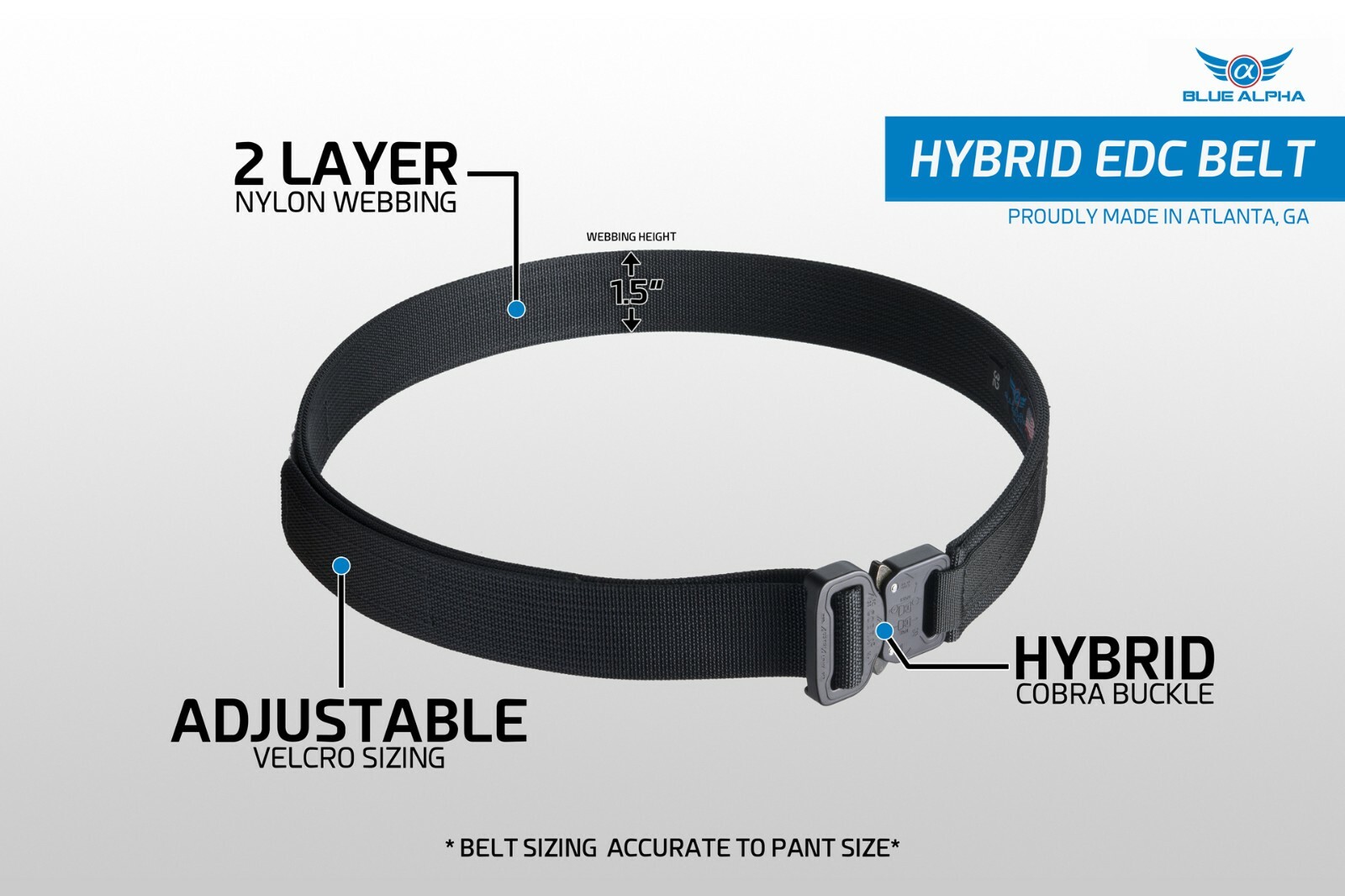 Blue Alpha 1.5" Hybrid COBRA® EDC Belt - Black, Gray, Brown, OD Green **NEW**