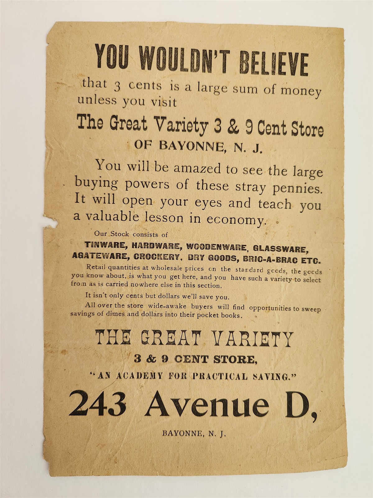 1890s antique GREAT VARIETY bayonne nj 3 & 9 CENT STORE advertising BROADSIDE