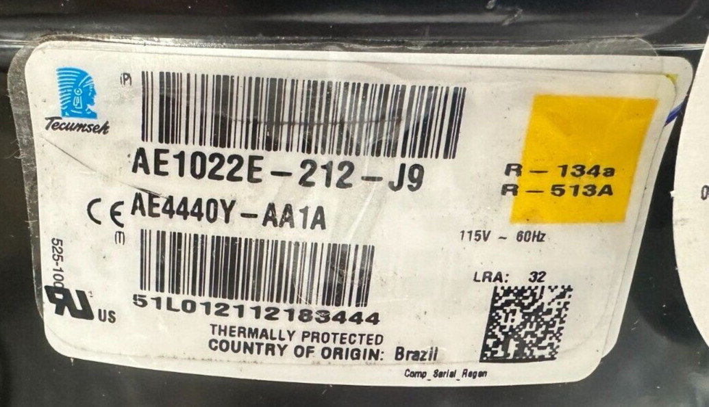 Tecumseh Genuine New AEA4440, 1/3 HP, Compressor, Coolers, 115VAC, R134a Rl2