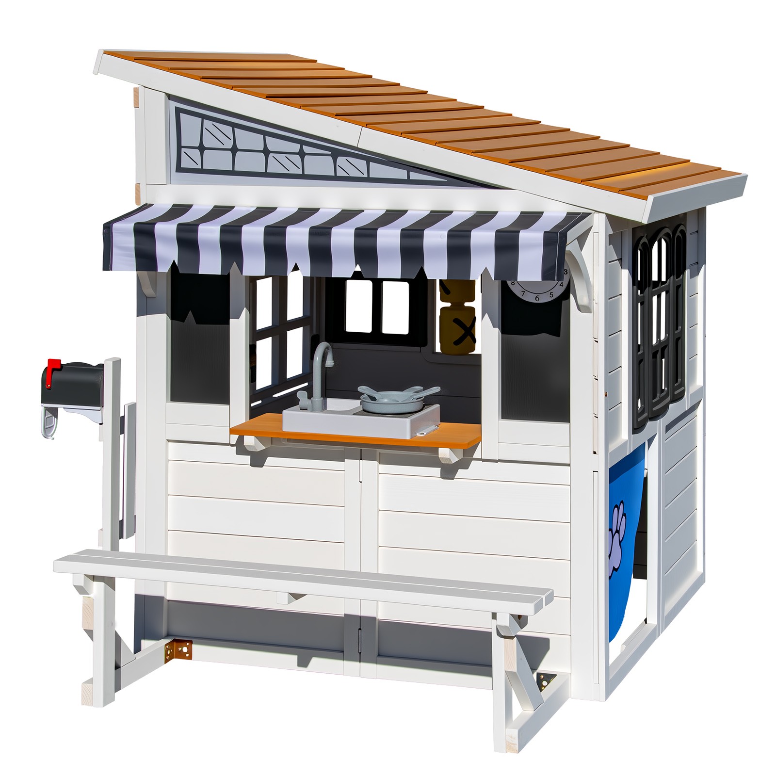 Kids Wooden Playhouse Outdoor Cottage Play Kitchen,Bench,Blackboard,Tic-Tac-Toe