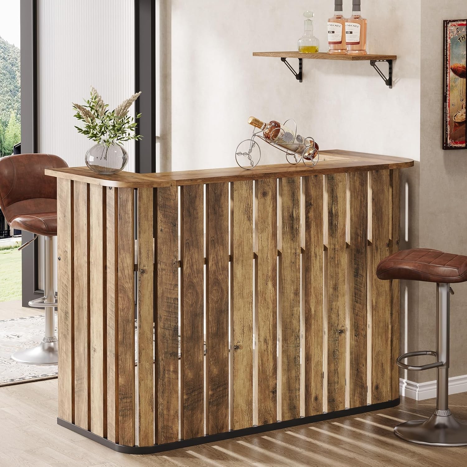 63'' Home Bar Unit, Farmhouse Liquor Bar Table with Storage Shelves, Bar Cabinet