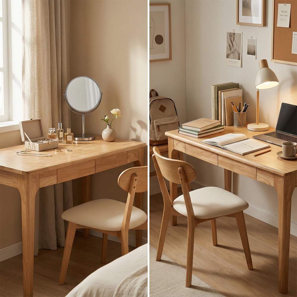 Solid Wood Desk w/ Drawers, Mid-Century Modern Home Office Desk, Study Bedroom