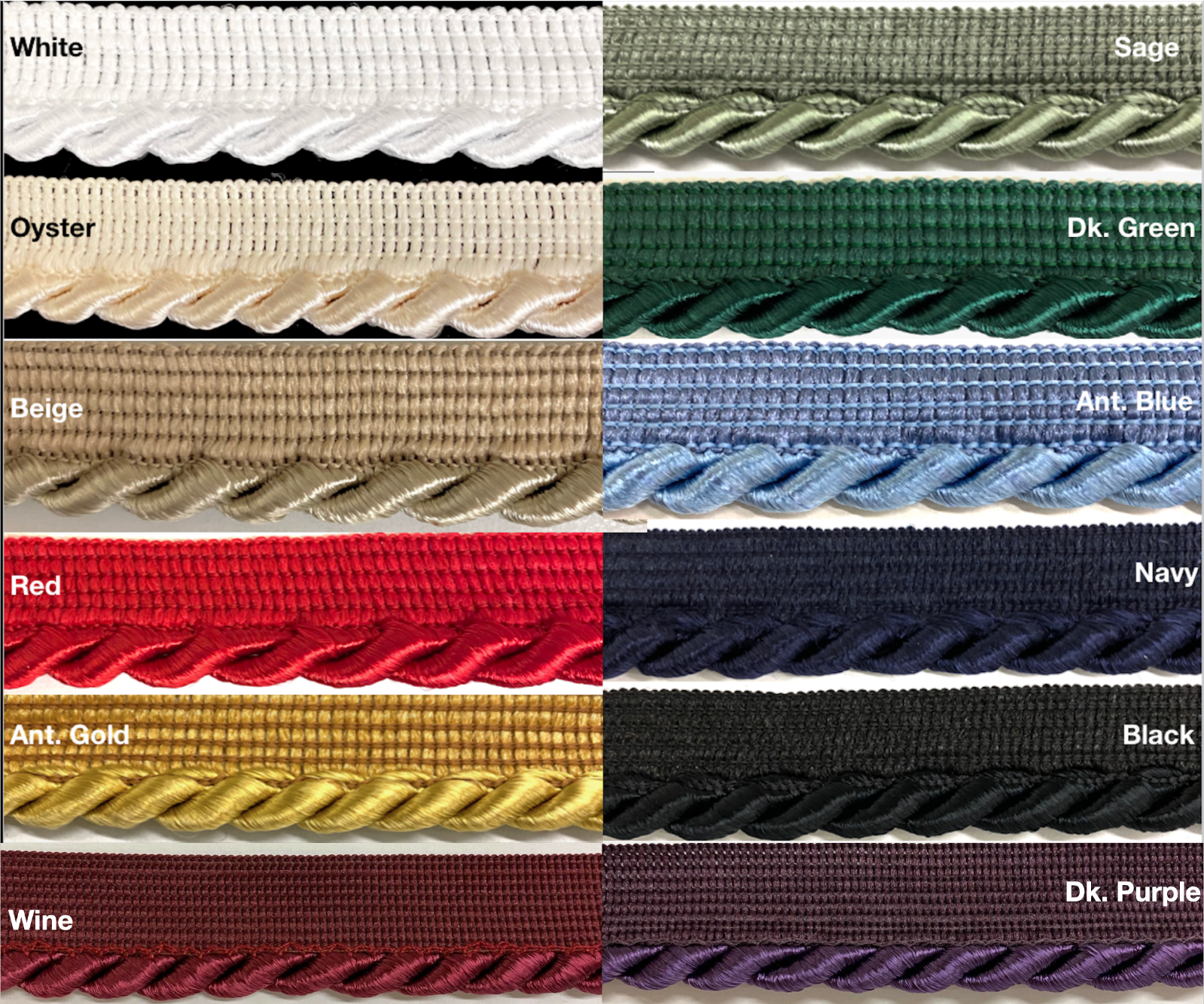 Large Twist Cord with Lip Piping Trimming - 6 Yards - Many Colors Available!