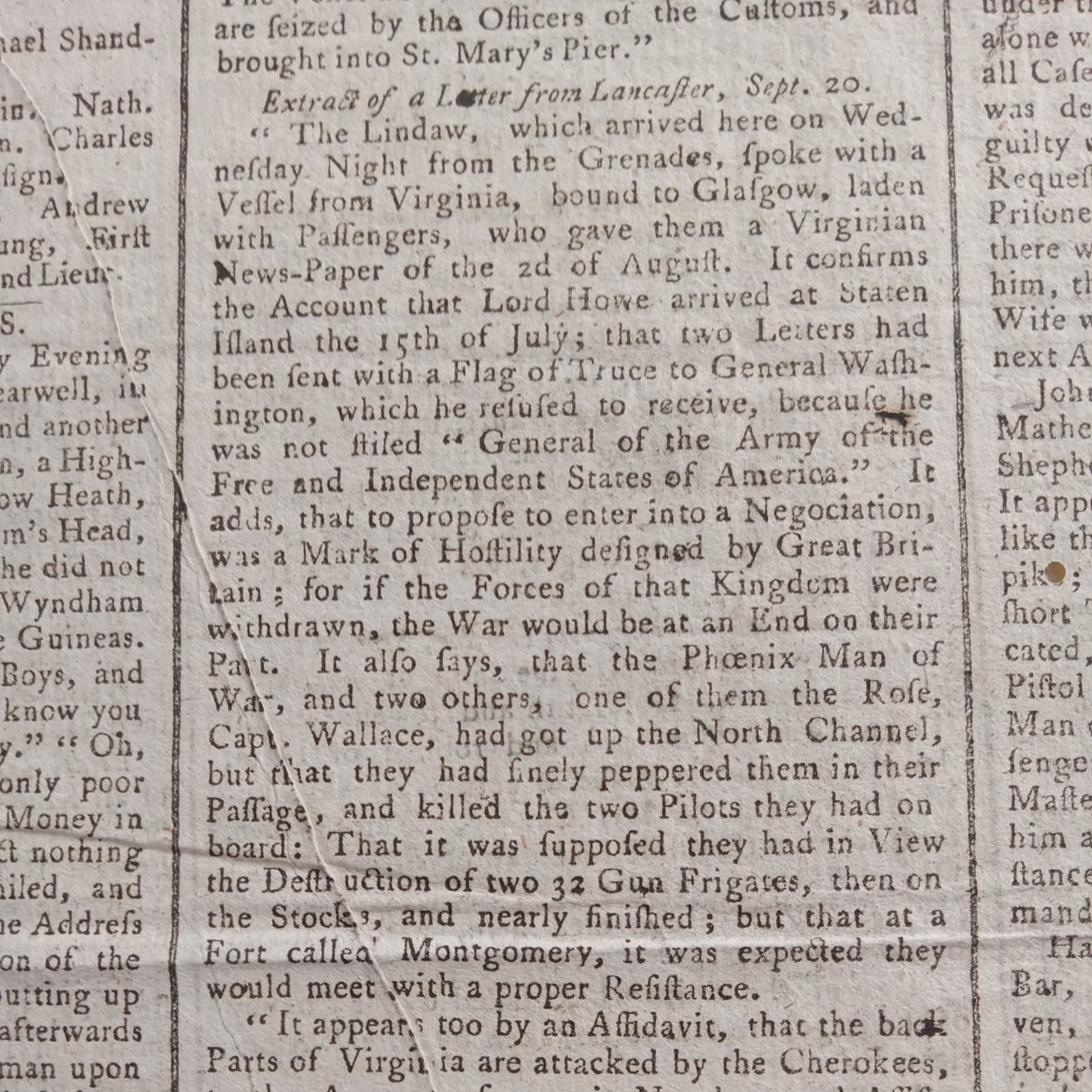 "DECLARATION OF INDEPENDENCE" Front Page Mentions - 1776 British Newspaper