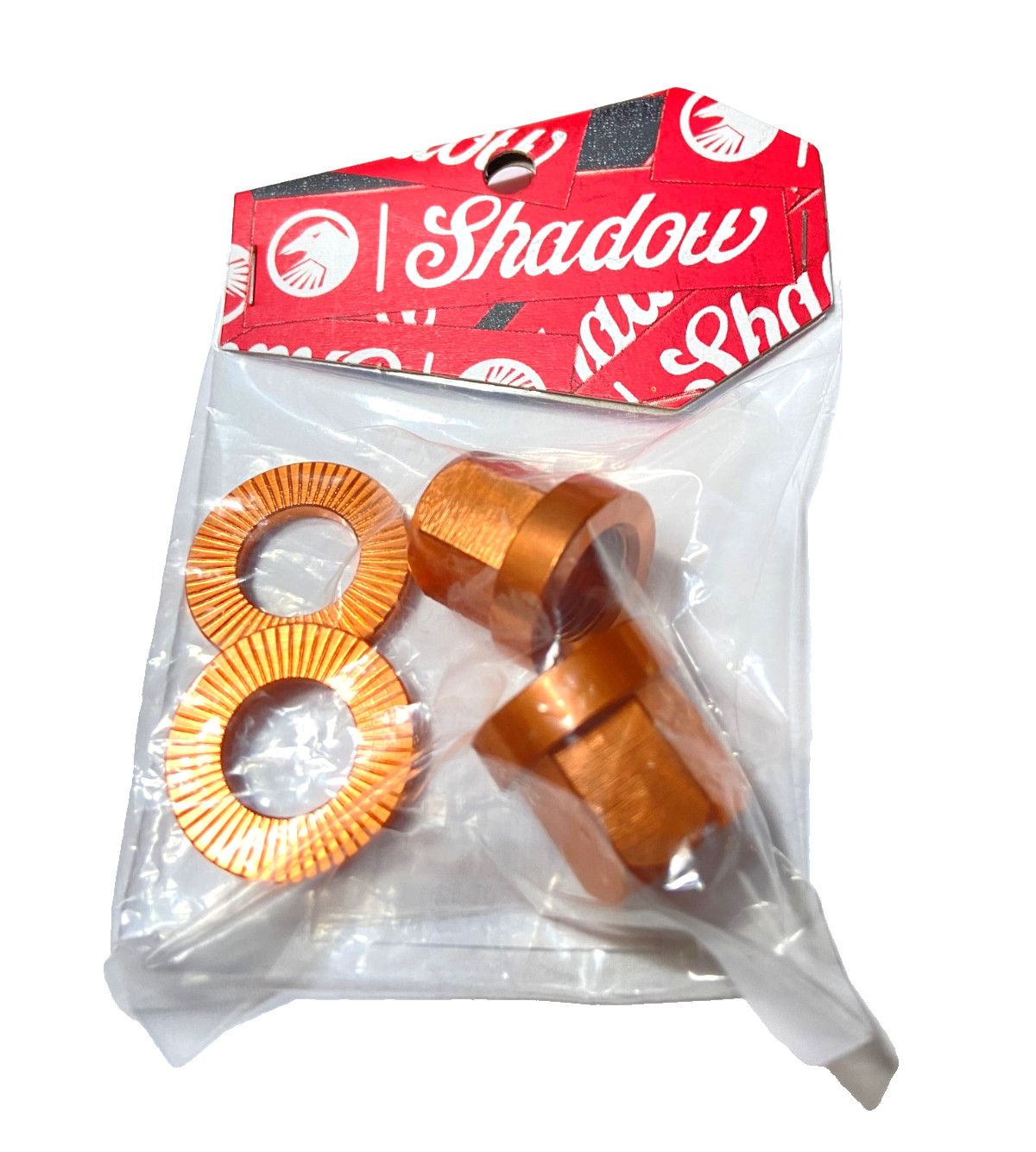 2 x SHADOW CONSPIRACY BMX BICYCLE AXLE NUTS + WASHERS 14mm COPPER ORANGE NEW