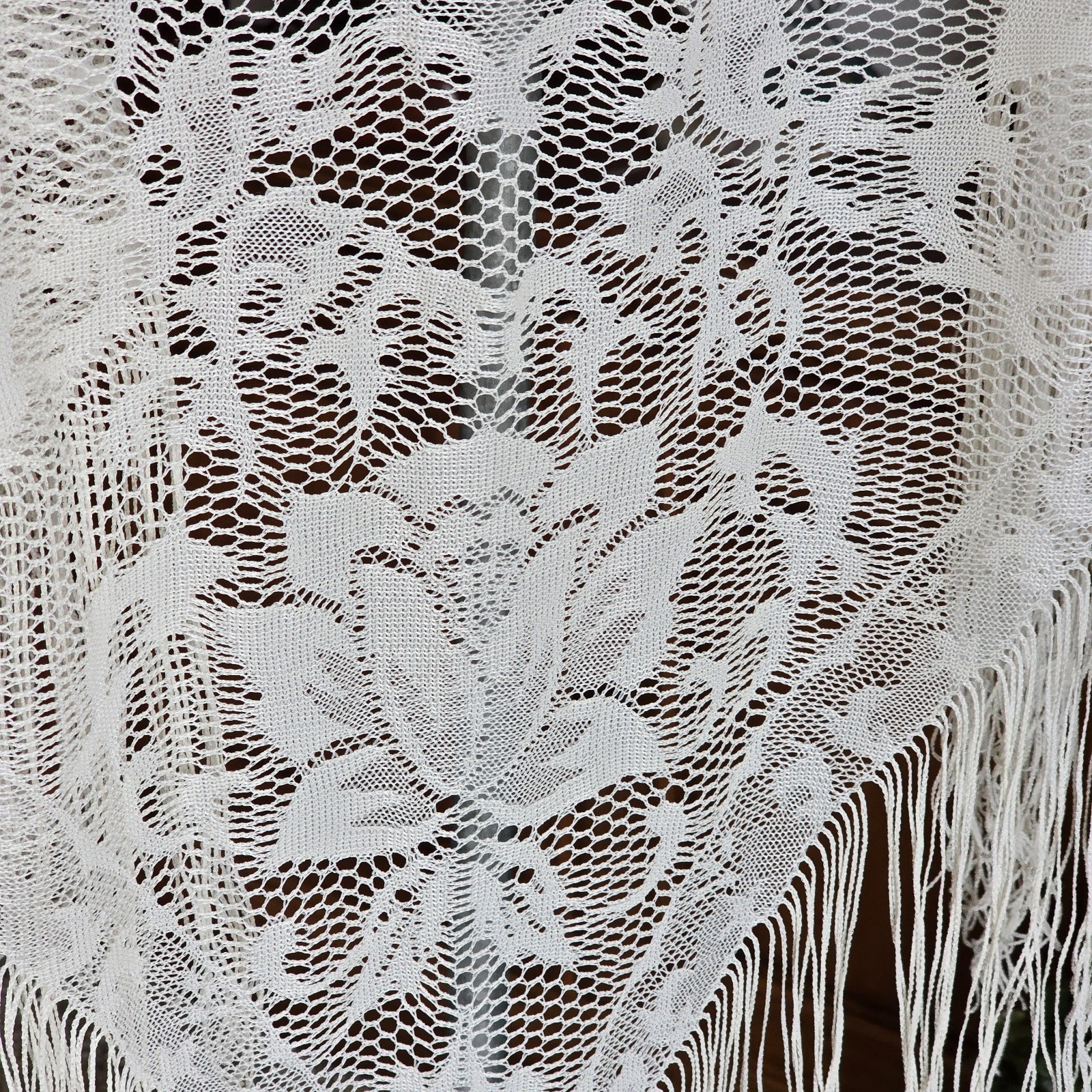 Vintage Large Woven Shawl with Fringe Floral Boho Made In Japan Cream