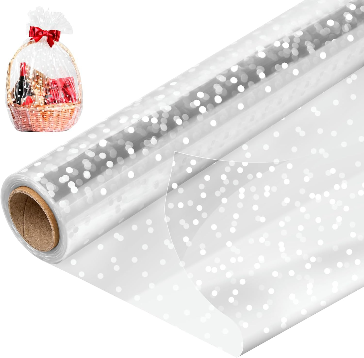 Clear Cellophane Wrap Roll 34 x 100 Ft with White Dots, Waterproof Gift Wrapping