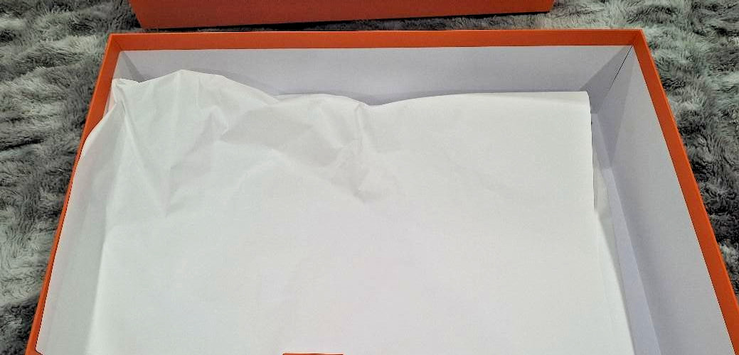 Authentic HERMES Large Orange Box 18"W x 15"L x 4" H, Shopping Bag & 70" Ribbon