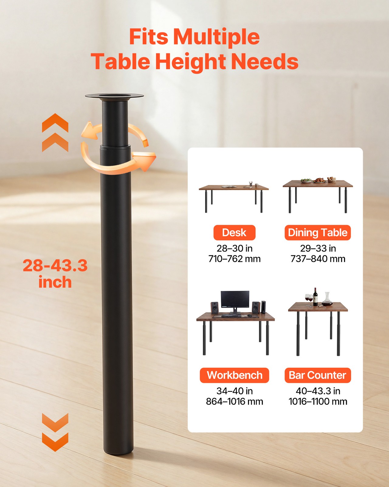 VEVOR Adjustable Steel Table Legs 28-43 in 1200 lbs Heavy Duty Set of 4 Black