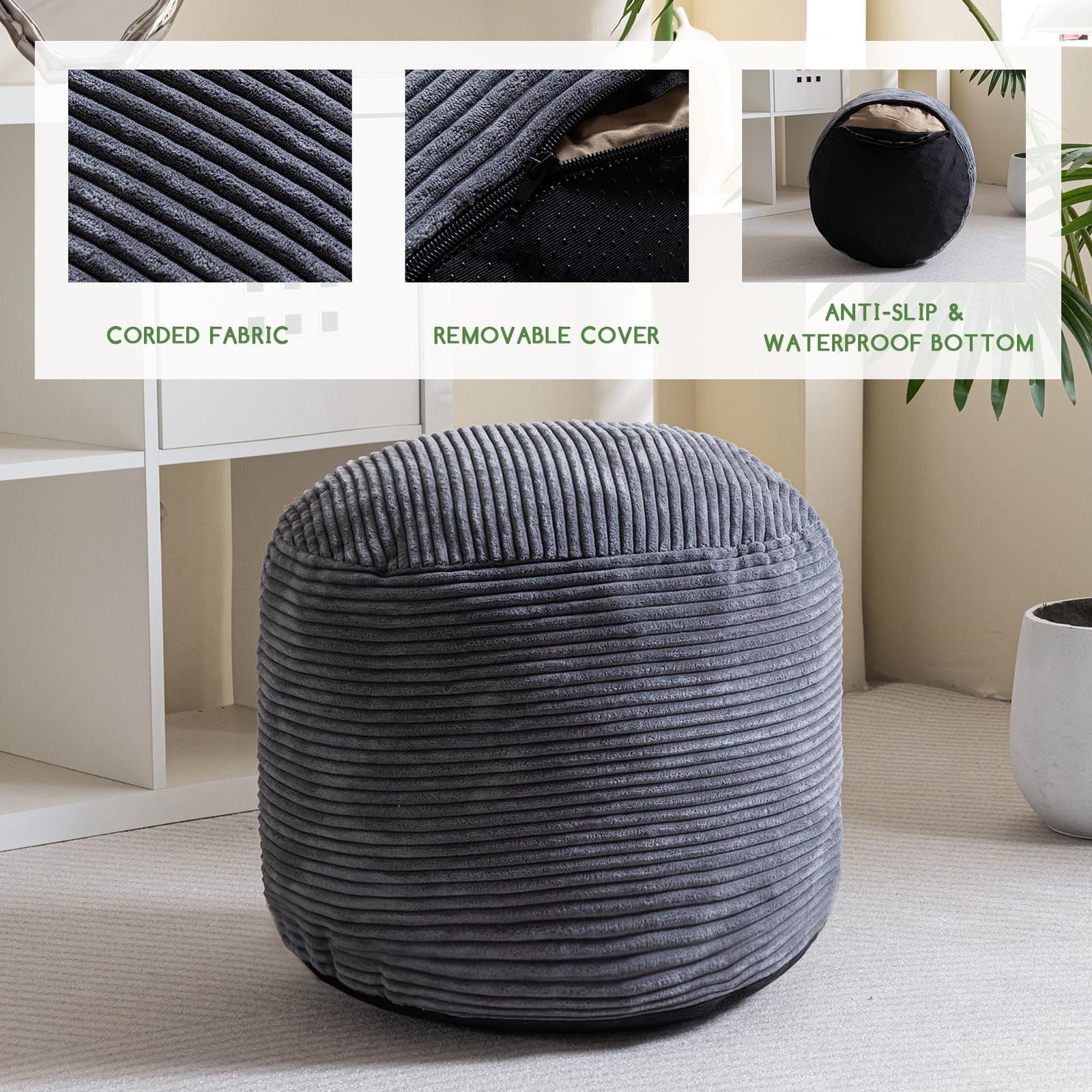 Round Stuffed Pouf Ottoman, Corduroy Poufs with Foam Chunk Filling, Furry and...