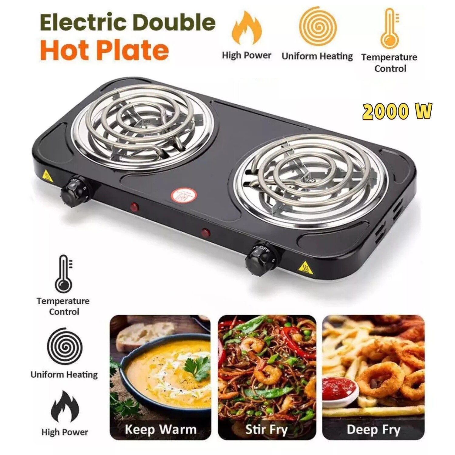 2000W Portable Kitchen Electric Double Burner Hot Plate Cooktop Cooking Stove
