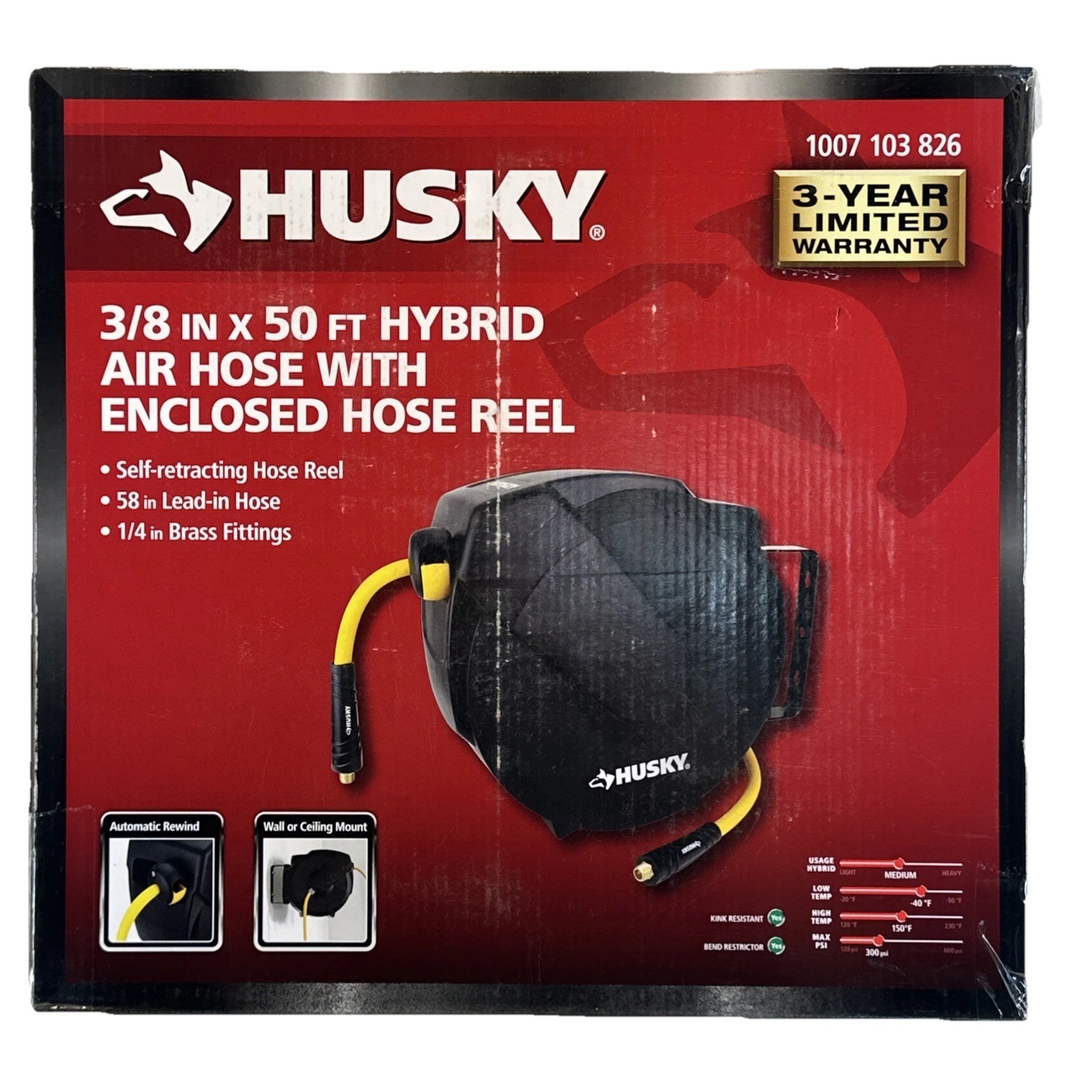 Husky 3/8 in X 50 ft Hybrid Air Hose W/ Self Enclosed Hose Reel Model AHR1003
