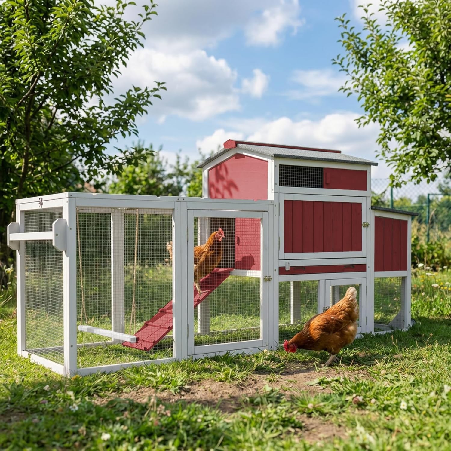 PETSCOSSET Outdoor Chicken Coop, Large Chicken House with Nesting Box, Red