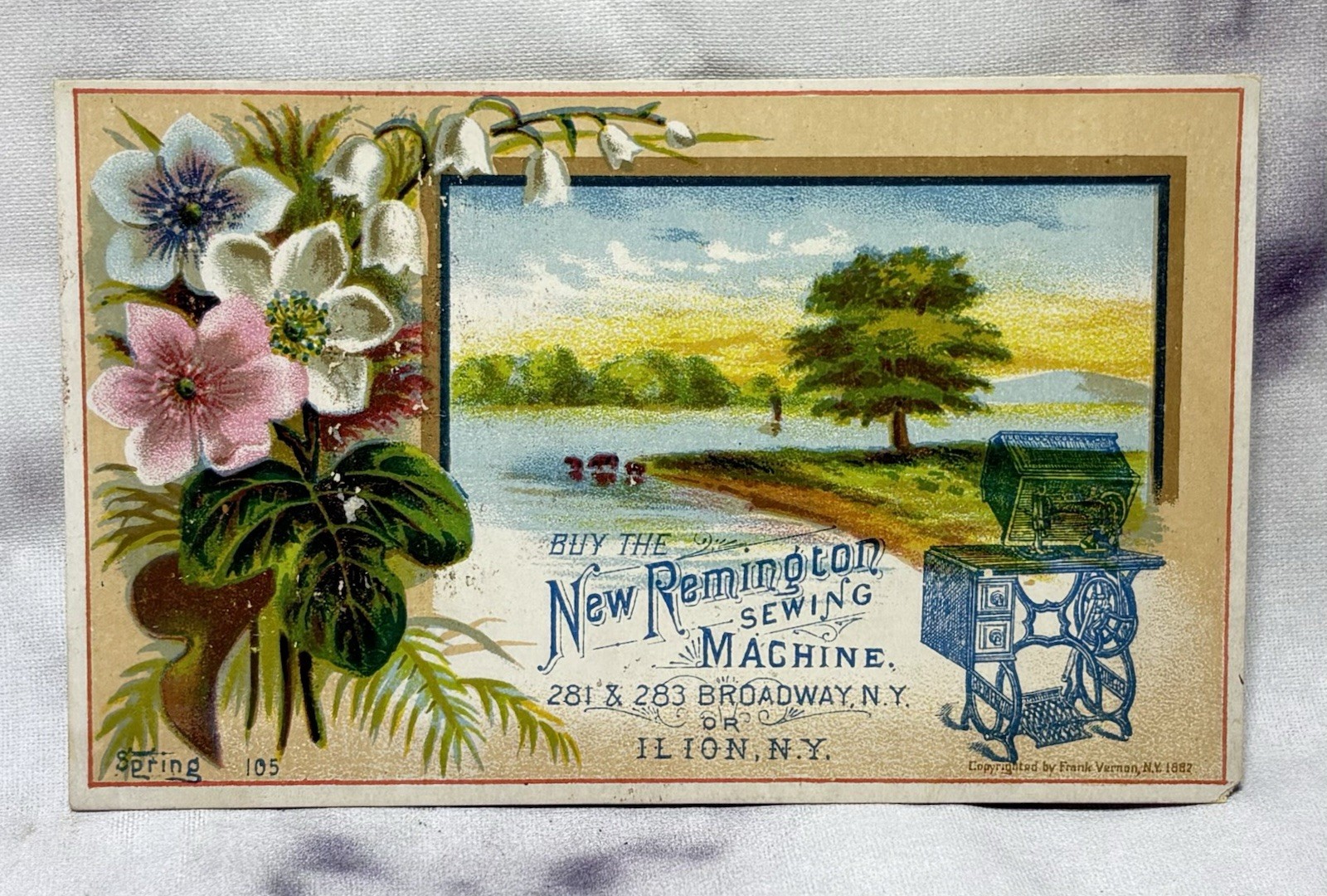 Antique 1882 Remington Sewing Machine Trade Card Ilion NY Victorian Ad Floral