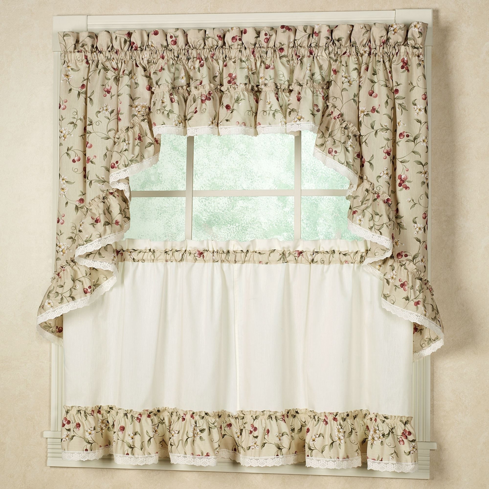 Cherries Natural Ruffled Cotton Washable Fruit Window Curtains Made in USA