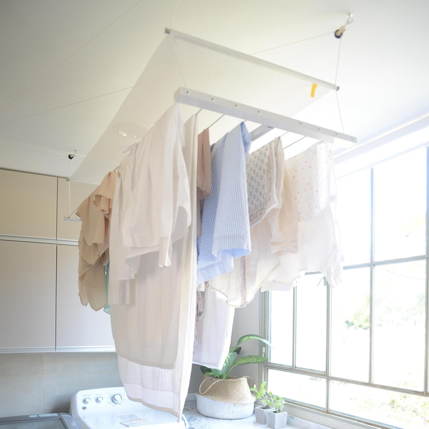 Ceiling Mounted Pulley Drying Rack – Compact Aluminum Clothesline with Mesh Shel