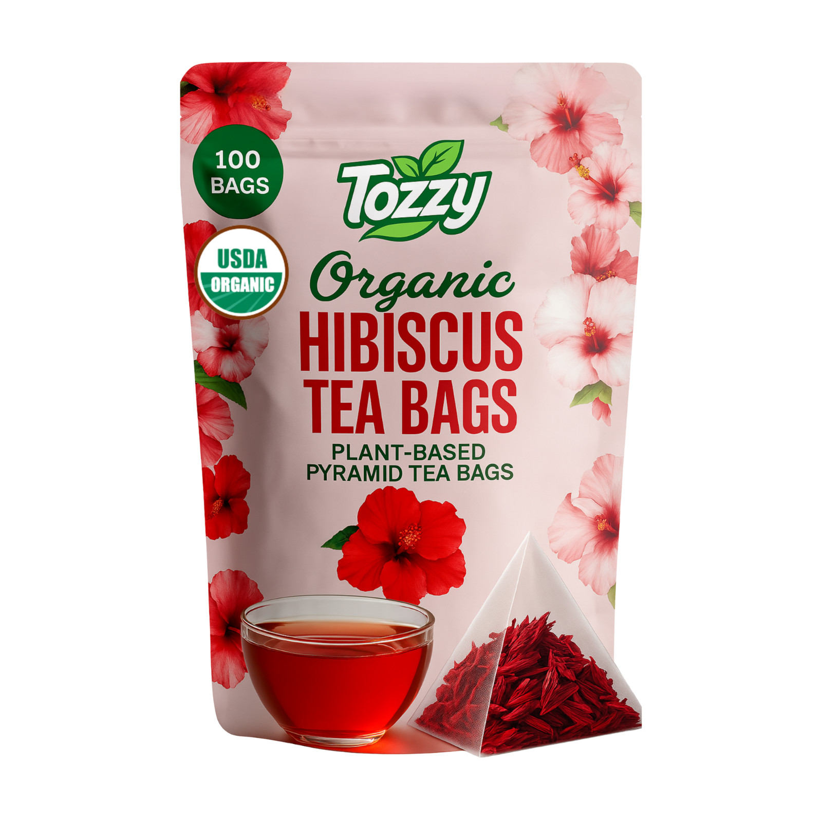 Organic Hibiscus Tea Bags - 100 Count (Plant-Based Pyramid Tea Bags)